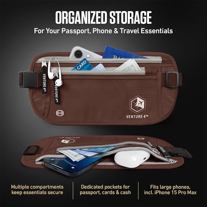 VENTURE 4TH Money Belt for Travel – Hidden Under-Clothes RFID Blocking Passport Holder & Slim Travel Wallet Pouch for Men & Women to Protect Cash, Cards & Documents (Brown)