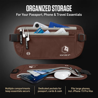 VENTURE 4TH Money Belt for Travel – Hidden Under-Clothes RFID Blocking Passport Holder & Slim Travel Wallet Pouch for Men & Women to Protect Cash, Cards & Documents (Brown)