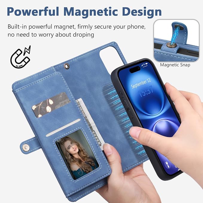Wallet Case for iPhone 16 with Card Holder/Crossbody Wallet/Strap| RFID Blocking | Magnetic | Kickstand | Detachable | PU Leather Phone Case for iPhone 16,6.1 in,Sky Blue