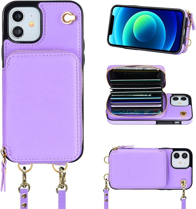 Bocasal Crossbody Wallet Case for iPhone 12/12 Pro, RFID Blocking Leather Purse Case with Card Holder, Protective Handbag Flip Cover with Zipper Wrist Strap Lanyard for Women 5G 6.1 Inch (Purple)