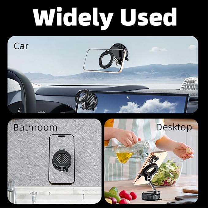 Vacuum Magnetic Suction Phone Holder for iPhone 17 16 15 14 13 12 Air Pro Max Plus mini, Foldable and Retractable Hands-Free Suction Cup Phone Mount for Car/Gym/Mirror/Smooth Surface, Black