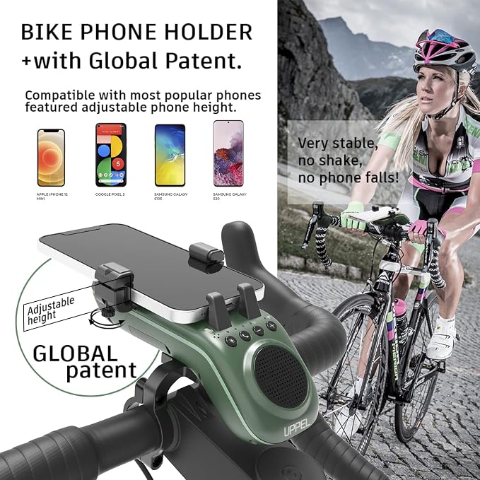UPPEL Bike Phone Mount, Multifunctional Phone Holder Bicycle Bluetooth Speakers 10-in-1 LED Light Bike Horn Microphone Ideal for Road & Mountain Bike - Extreme & Casual Cycling (Green)