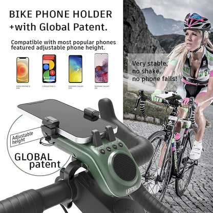 UPPEL Bike Phone Mount, Multifunctional Phone Holder Bicycle Bluetooth Speakers 10-in-1 LED Light Bike Horn Microphone Ideal for Road & Mountain Bike - Extreme & Casual Cycling (Green)