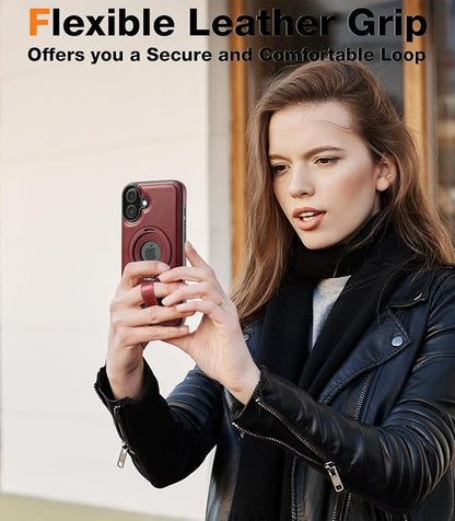 for iPhone 16 Plus Leather Case with Stand, Anti-Slip Grip Ring, Fits for MagSafe (Burgundy, iPhone 16 Plus)