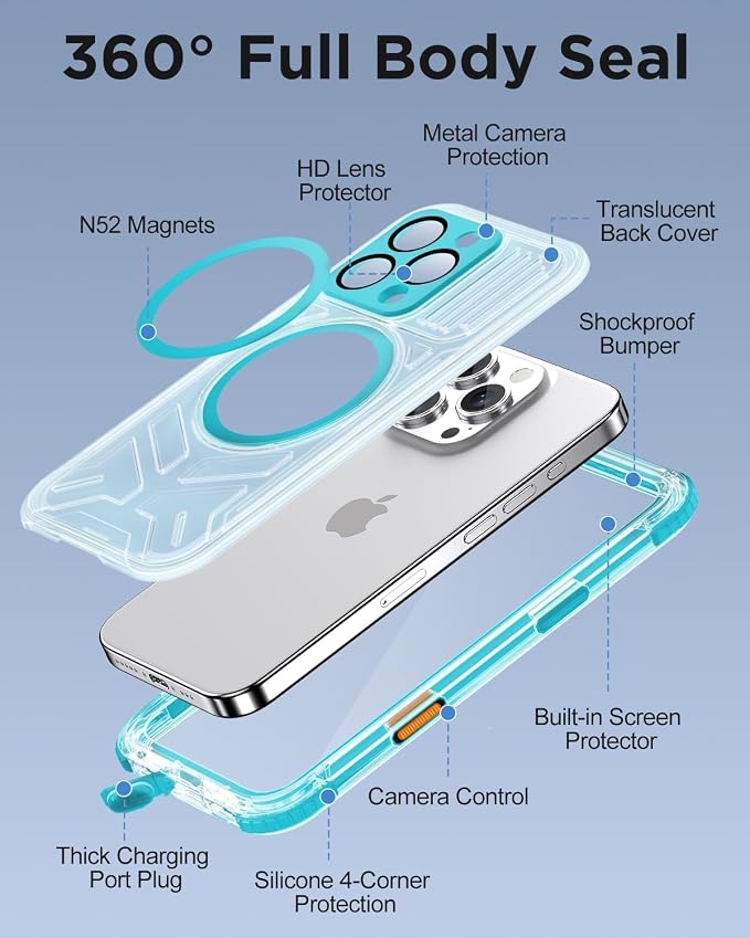 for iPhone 16 Pro Max Waterproof Case with Magsafe, Built-in [Camera & Screen Protector] [Lanyard], IP68 Water Proof Full Body Dustproof Heavy Duty Frosted Protective Phone Cover, 6.9" Teal