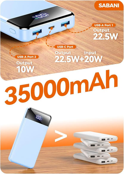 Portable Charger 35000mAh Power Bank - Powerbank with 4 Built in Cables, 22.5W Fast Charging Travel Camping Essential Battery Pack Compatible with iPhone 17 16 15 14 13 Samsung Google, 1 Pack, Azure