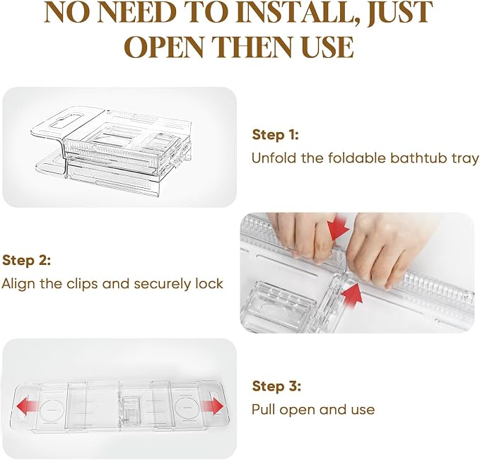 Expandable Clear Acrylic Bathtub Tray Caddy, Foldable Tub Bath Tray with Drain Slots, Slip-Resistant Waterproof Bathroom Shelf Caddy & Home Spa Gift for Women