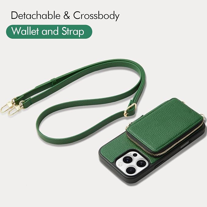 ZVE for iPhone 16 Pro Max Wallet Case, Zipper Crossbody Case with Card Holder Wrist Strap Phone Purse Cover for Women for iPhone 16 Pro Max 6.9" Dark Green