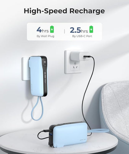 Portable Charger with Built-in USB-C Cable & Plug, 10,000mAh 5V/4.5A Power Bank Fast Charging 22.5W, Travel Essential Battery Pack 3 Output for iPhone 16/15 Series, Samsung Galaxy, iPad, 1 Pack