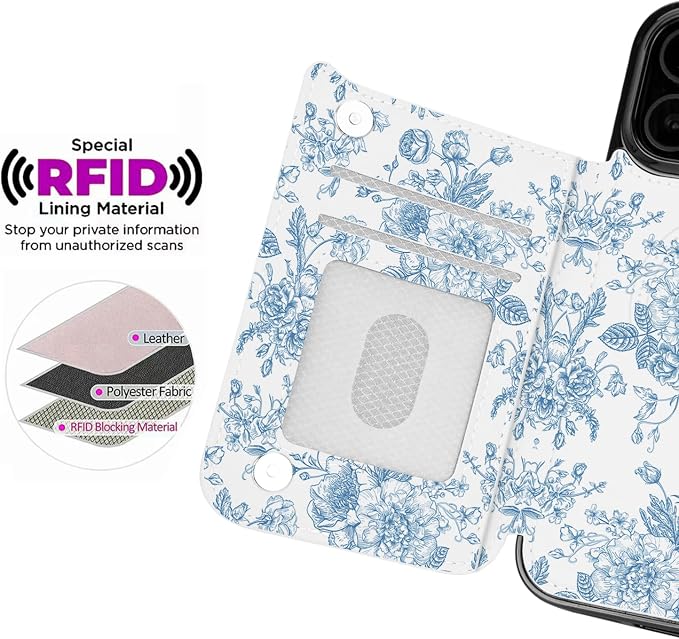 uCOLOR for iPhone 17 Pro Max 6.9" Wallet Case Magsafe with Card Holder Slot【Compatible with MagSafe】 Double Magnetic RFID Design with Camera Lens Protector (Blue Floral, iPhone 17 Pro Max)