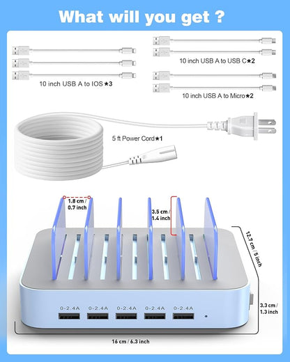 MSTJRY Charging Station for Multiple Devices : 5 Port Multi USB-A Charger Stations Multi-Device Organizer Charging Dock Designed for iPhone iPad Cell Phone Tablets (7 Short Cables Included), Blue