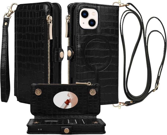 Crossbody Wallet Case for iPhone 13 with Mirror, Wrist Strap, Zipper Purse Magnetic Flip RFID Blocking Card Holder, Wireless Charging, PU Leather Shockproof 6.1" Women (Black)