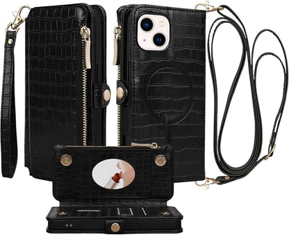 Crossbody Wallet Case for iPhone 13 with Mirror, Wrist Strap, Zipper Purse Magnetic Flip RFID Blocking Card Holder, Wireless Charging, PU Leather Shockproof 6.1" Women (Black)