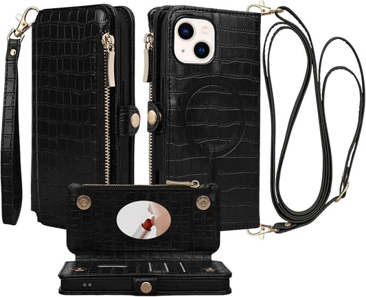 Crossbody Wallet Case for iPhone 13 with Mirror, Wrist Strap, Zipper Purse Magnetic Flip RFID Blocking Card Holder, Wireless Charging, PU Leather Shockproof 6.1" Women (Black)