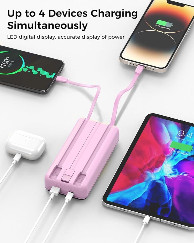 Portable Charger 40000mAh Power Bank, PD 22.5W Fast Charging | Built-in Cable, 4 Output 3 Input, Digital Display, Compatible with iPhone 17 16 15 14 13 Android
