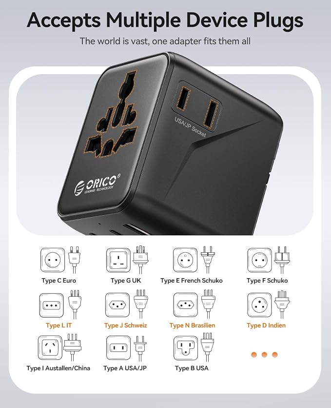 ORICO Universal Travel Adapter 100W GaN International Power Adapter | 7 in 1 (2 AC, 3 USB-C, 2 USB-A) European Travel Plug Adapter, Built-in Retractable USB-C Cable for Eu UK AU 200+ Countries
