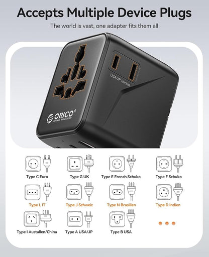 ORICO Universal Travel Adapter 100W GaN International Power Adapter | 7 in 1 (2 AC, 3 USB-C, 2 USB-A) European Travel Plug Adapter, Built-in Retractable USB-C Cable for Eu UK AU 200+ Countries