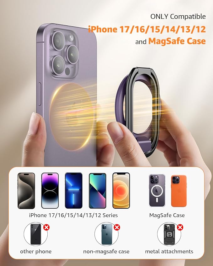 【2025 Upgraded】 Mag Safe Phone Ring Holder, SUPERONE Adjustable Magnetic Kickstand & Removable Phone Grip Compatible with Wireless Charging Only for iPhone 17 & 16 & 15 & 14 & 13 & 12 Series - Purple