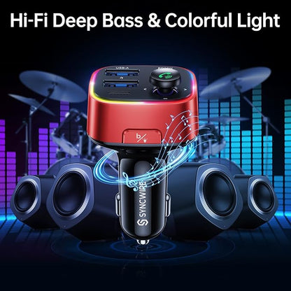 Syncwire Bluetooth 5.4 FM Transmitter Car Adapter 48W (PD 36W & 12W) [Light Switch] [Hi-Fi Deep Bass] [Fast Charge] Wireless Radio Music Adapter LED Display Hands-Free Calling Support USB Drive, Red