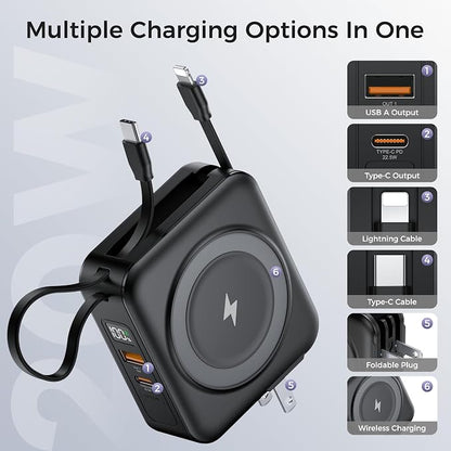 6-in-1 Magnetic Portable Charger 10000mAh – 22.5W Fast Charging with AC Wall Plug Built-in USB-C & Lightning Cables for iPhone 17/16/15/14/13/12, Android & Samsung (Black)