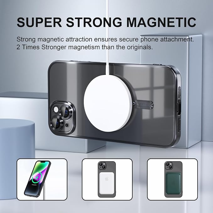 Misea Magnetic for iPhone 14 Plus Case Compatible with MagSafe [Never Yellowing] [Military Grade Drop Protection] Full Camera Lens Protector Plating Soft Clear Phone Case for Women Girls, Black
