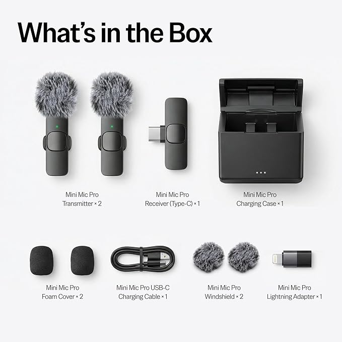 Mini Mic Pro (Latest Model - Wireless Mini Microphone for iPhone, iPad, Android - 2 Pack Lavalier Microphone for Video Recording - iPhone Mic Crystal Clear Recording with USB-C for Content Creators