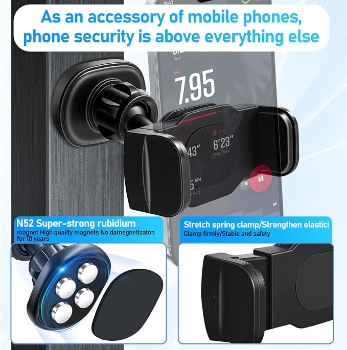 Gym Phone Holder 360 Rotation Golf Cart Phone Mount Magnet Phone Holder for Gym Fit 4.7-7 Inch Smartphone Gym Accessories for Women Men (Curved clamp Head Double Magnetic Attraction Type)