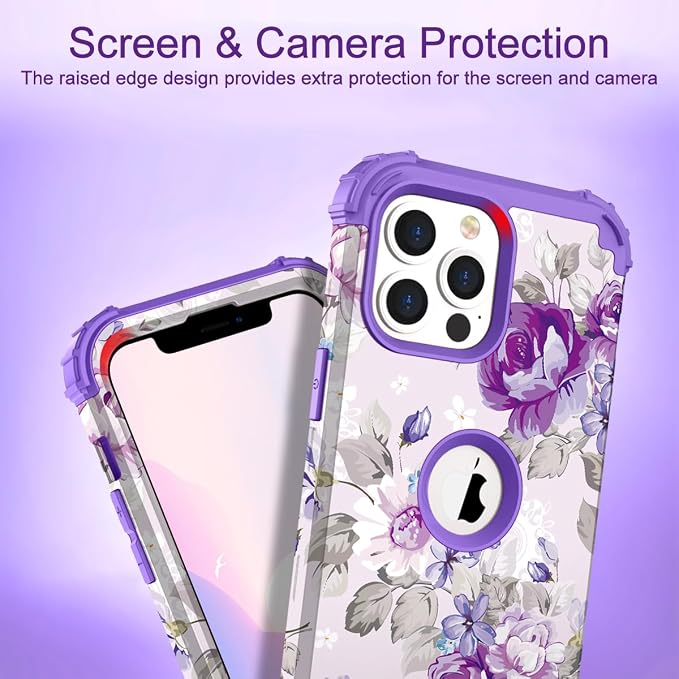 Hocase for iPhone 13 Pro Max Case, Heavy Duty Shockproof Protection Soft Silicone Rubber Bumper+Hard Plastic Hybrid Protective Case for iPhone 13 Pro Max (6.7") 2021 - Lavender Flowers