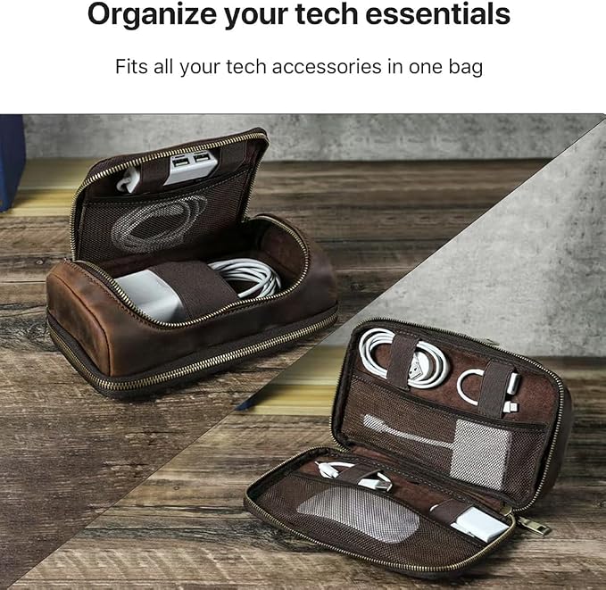 CONTACTS Full Grain Leather Travel Cable Organizer Pouch Double Layer Electronics Organizer Travel Case for Charger, Cable, Power, Tech Storage Bag by Handmade (Brown)