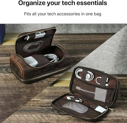 CONTACTS Full Grain Leather Travel Cable Organizer Pouch Double Layer Electronics Organizer Travel Case for Charger, Cable, Power, Tech Storage Bag by Handmade (Brown)