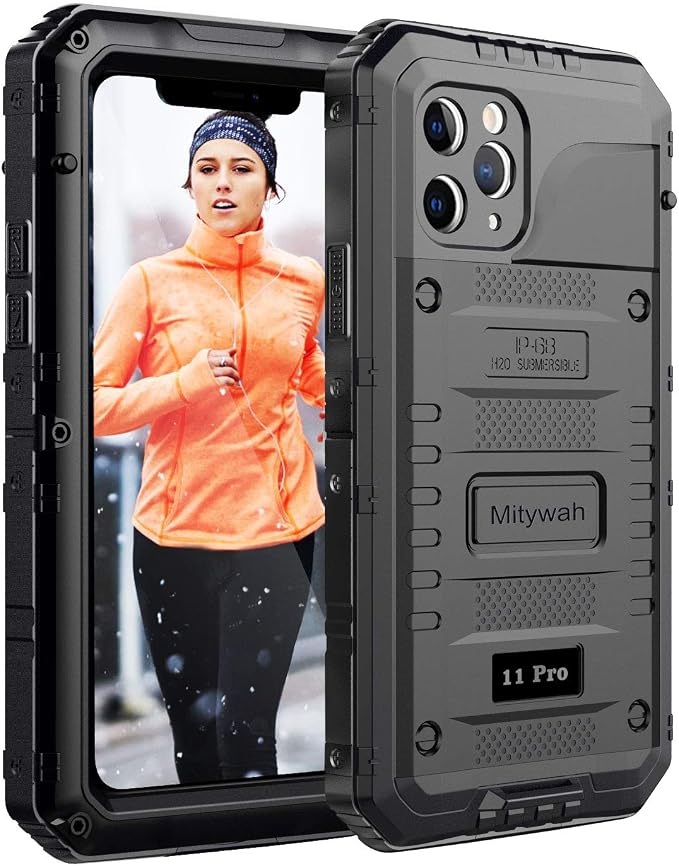 Mitywah Waterproof Case for iPhone 11 Pro, Heavy Duty Military Grade Shockproof Cover Built-in Screen Protection, Rugged Thick Full Body Protect Metal Case for iPhone 11 Pro, Black