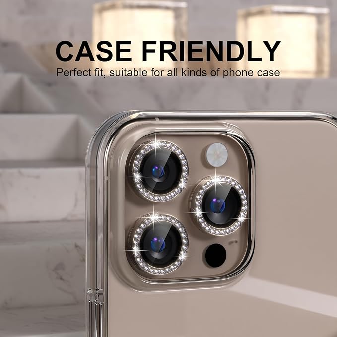 Choiche Compatible for iPhone 16 Pro/iPhone 16 Pro Max Camera Lens Protector Bling, 9H Tempered Glass Camera Cover Screen Protector Metal Ring Decoration Accessories (Diamond-Titanium Desert)