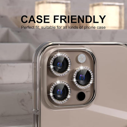 Choiche Compatible for iPhone 16 Pro/iPhone 16 Pro Max Camera Lens Protector Bling, 9H Tempered Glass Camera Cover Screen Protector Metal Ring Decoration Accessories (Diamond-Titanium Desert)