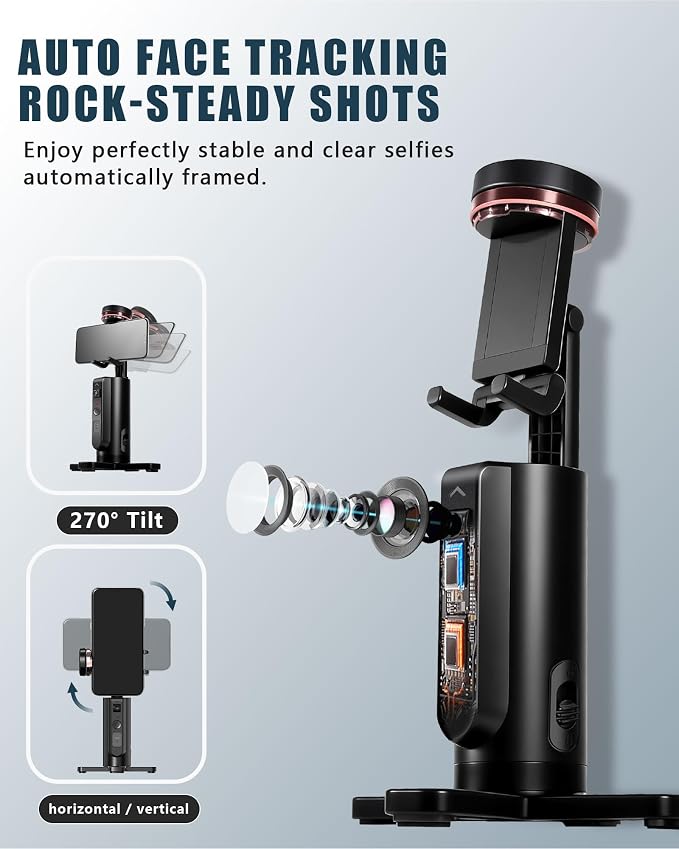 Auto-Tracking Phone Tripod, 360° Rotation Auto Face Tracking Tripod with Gesture & Remote Control, Cell Phone Tripod Stand for Recording, Universal 1/4-Inch Mount for Tripods/Selfie Sticks