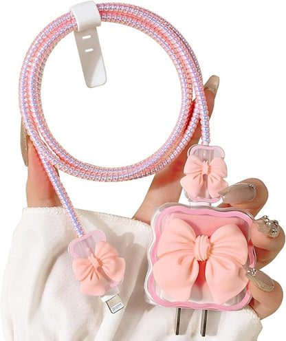 Lovmooful Compatible for iPhone 18W/20W USB-C Charger Cover Clear Lovely 3D Bowknot Waves Design Soft Charger Protector Cute Cable Case Saver Protector for Girls Women-Pink Bowknot