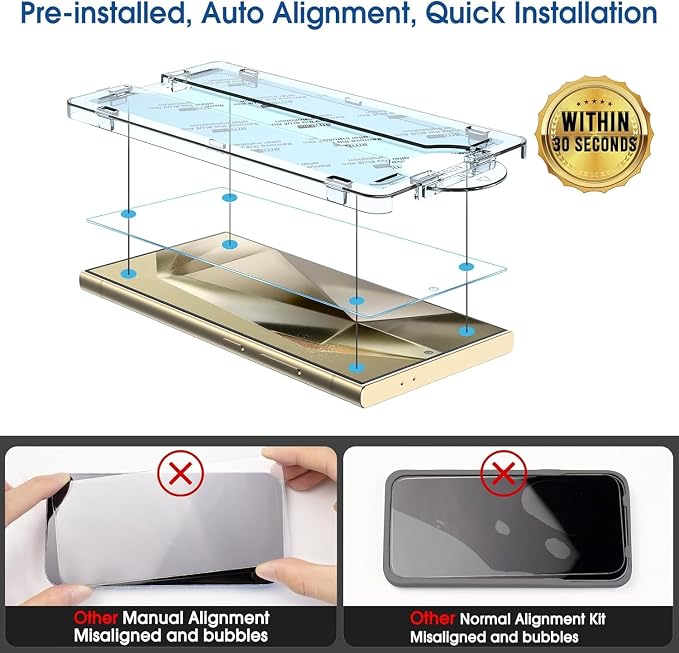 amFilm Auto-alignment OneTouch for Samsung Galaxy Screen Protector + Camera Lens Protector, Tempered Glass, 30 seconds Installation, Bubble Free, Case Friendly, Anti-Scratch [2+2 Pack] (S24U-6.8")