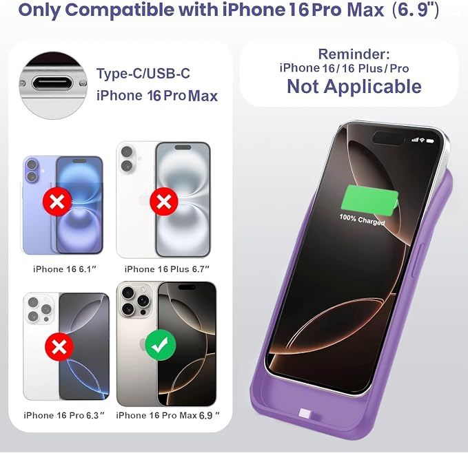 Feob Battery Case for iPhone 16 Pro Max,Ultra-Slim 8600mAh Portable Charger Cover 360°Protection Extended Battery Charging Case for iPhone 16 Pro Max-Purple