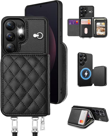 OCASE Compatible with Samsung Galaxy S26 Ultra Crossbody Wallet Case with Card Holder, PU Leather Zipper Handbag Magnetic Phone Purse with RFID Blocking Kickstand Wrist Strap Lanyard, Black