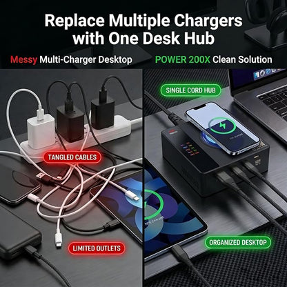 ISDT Power200X 200W Desktop Charging Station for Multiple Devices, 5-in-1 USB C Charger with 140W PD 3.1, Wireless Charging Pad for Laptop, Tablet, Phone & Earbuds with Display
