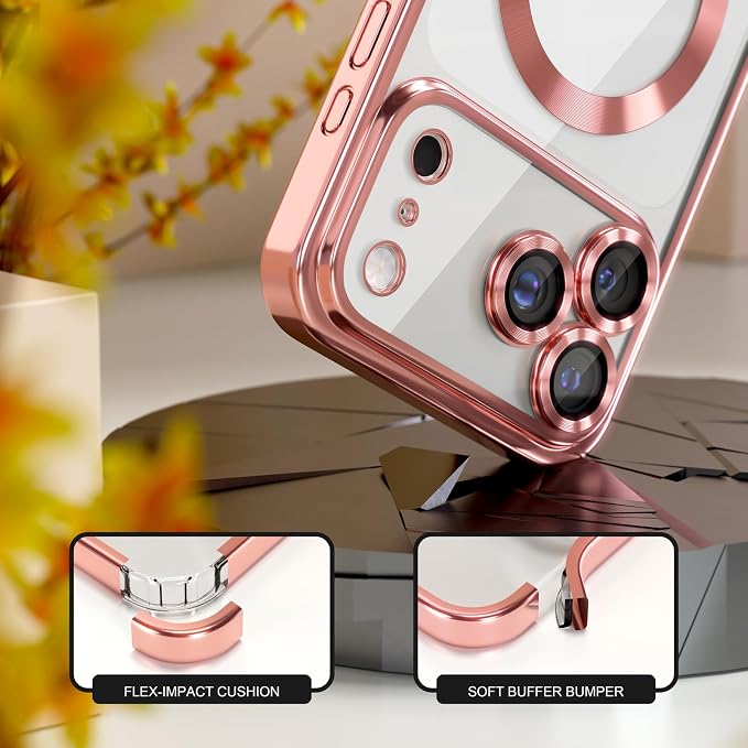 Misea Magnetic for iPhone 17 Pro Case Compatible with MagSafe [Never Yellowing] [Military Grade Drop Protection] Full Camera Lens Protector Plating Soft Clear Phone Case for Women, Pink