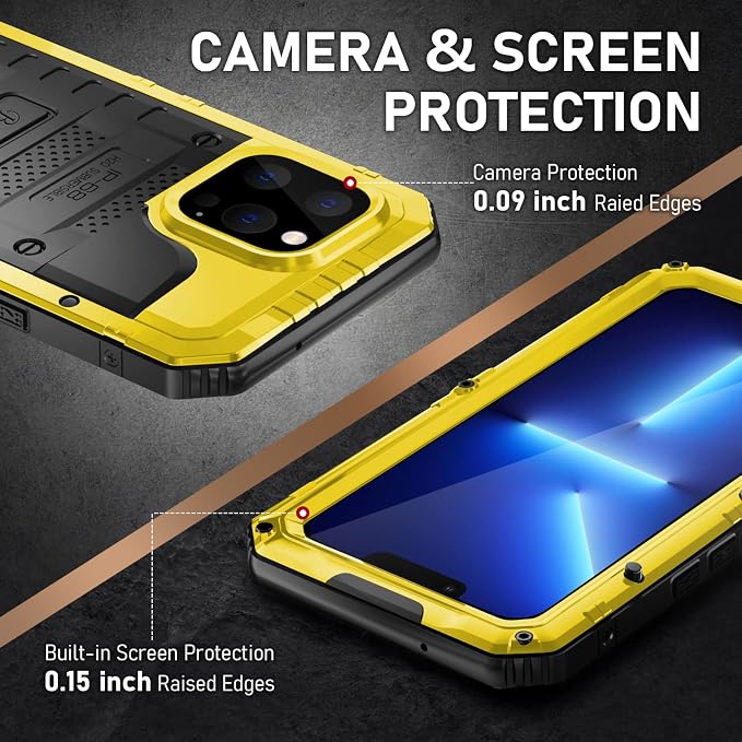 Beasyjoy Waterproof Case for iPhone 13 Pro Max, Built in Screen Protector Metal Full Body Defender Case, Military Grade Rugged Heavy Duty Shockproof Armor Tough Phone Case 6.7'' (Yellow)