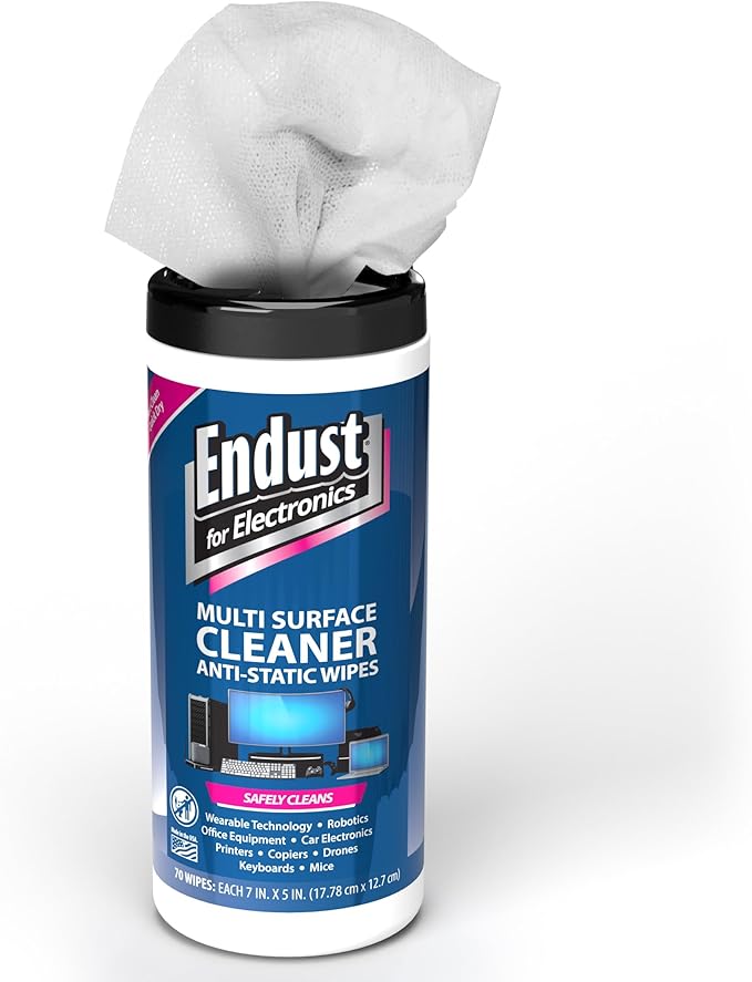Endust Antistatic Premoistened Wipes for Electronics, Cloth, 6 x 6, Unscented, 70/Tub