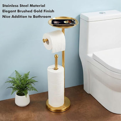 Gold Toilet Paper Holder with Shelf, Freestanding Toilet Paper Holder Stand with Storage for Holding Extra 4 Toilet Paper Rolls, Heavy Base No Tipping Over (Stainless Steel, Gold)