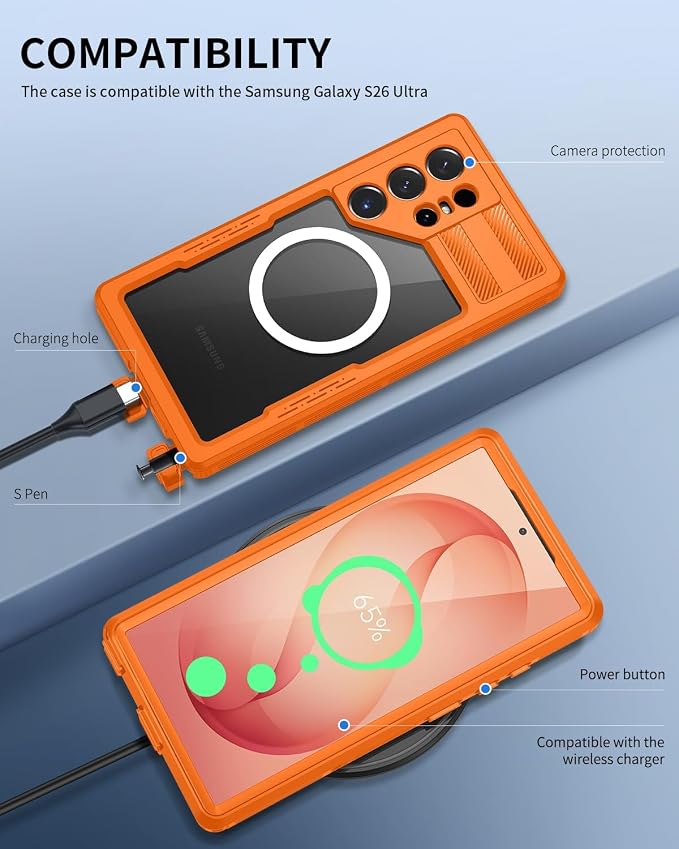 Lanhiem Magnetic for Samsung Galaxy S26 Ultra Case, IP68 Waterproof Dustproof Case, [Compatible with Magsafe] [Built-in Lens & Screen Protector] Full Body Shockproof Rugged Phone Case 6.9 inch, Orange