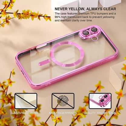 Misea Magnetic for iPhone 17 Case Compatible with MagSafe [Never Yellowing] [Military Grade Drop Protection] Full Camera Lens Protector Plating Soft Clear Phone Case for Women, Hot Pink