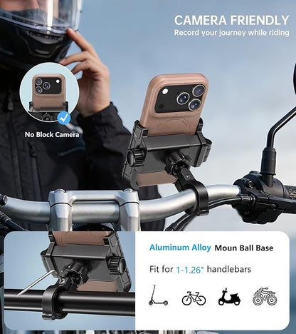 Kewig Motorcycle Phone Mount with Aluminum Alloy Mounting Base [Camera Friendly] [1s Lock & Release] Bike Handlebar Cellphone Holder for Scooter Bicycle ATV, Fit 5.4-7.2" Smartphone
