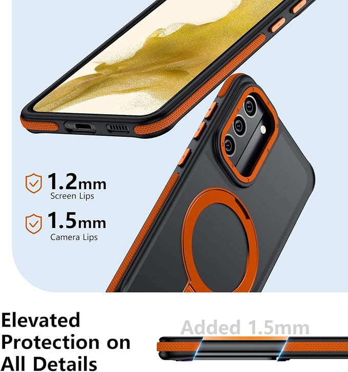 for Samsung Galaxy S22 Plus Case, Magnetic Adjustable Ring Stand [Fit for Magsafe], [Military-Grade Shockproof Protection] Phone Case with Kickstand&Ring Holder (Orange)