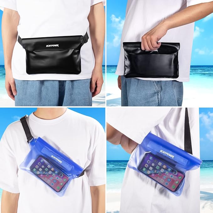 ECHTPower 2-Pack Waterproof Pouch Bag, Waterproof Fanny Pack, Waterproof Dry Bag with Adjustable Waist Strap for Beach Swimming Kayaking Floating Boating