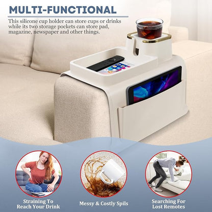 Couch Cup Holder with Tray & Dual-Sided Storage Pocket, Large Silicone Sofa Armrest Tray, Non-Slip & Spill-Resistant Couch Drink Holder Caddy, Multifunctional Couch Arm Organizer