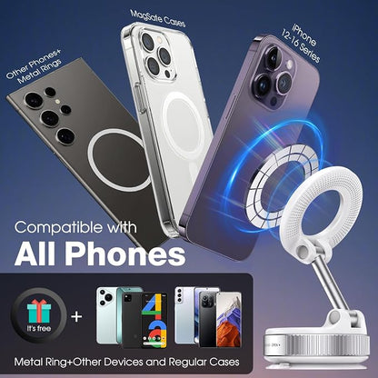 360° Rotatable Vacuum Magnetic Phone Holder, Foldable and Retractable Suction Cup Car Phone Mount for Car/Gym/Mirror/Smooth Surface, Compatible with iPhone Android and All Smartphones (White)